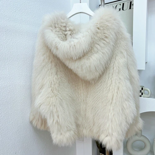 Women Real Fox Fur Knitted Coat Hooded Bat Sleeve Baggy Jacket Warm Outwear Tops - Picture 26 of 43