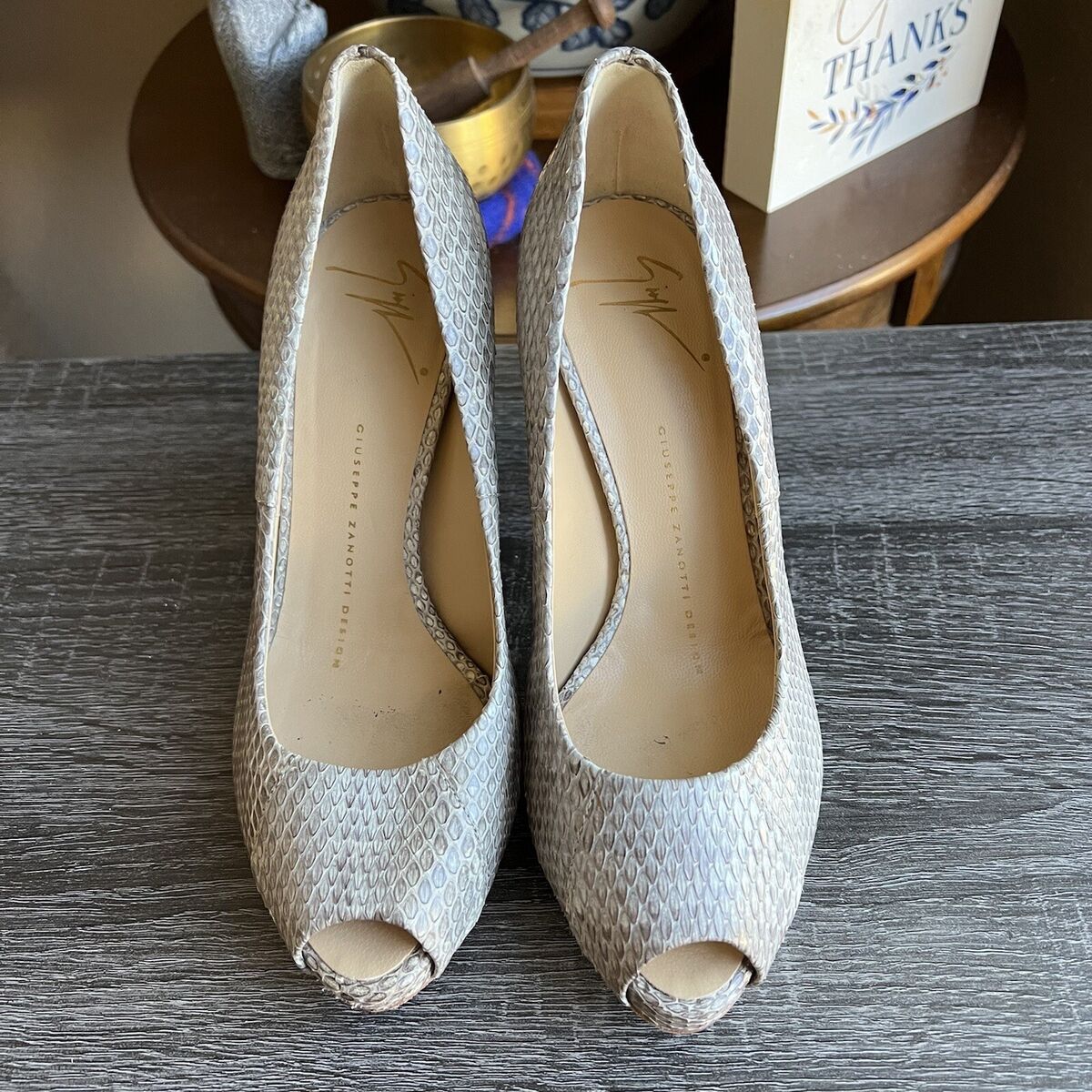 Giuseppe Zanotti Snake Print Embossed Leather Peep Toe Pump