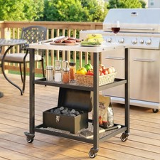 Outdoor Grill Cart with Stainless Steel Tabletop, 3-Tier Pizza Oven Stand, Black