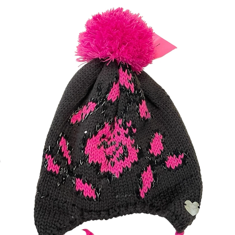 Betsey Johnson Conjunto de Regalo Gorro Pom Pom y Círculo Bufanda Negro Rosa Estampado Rosa NUEVO Foto 3 de 4