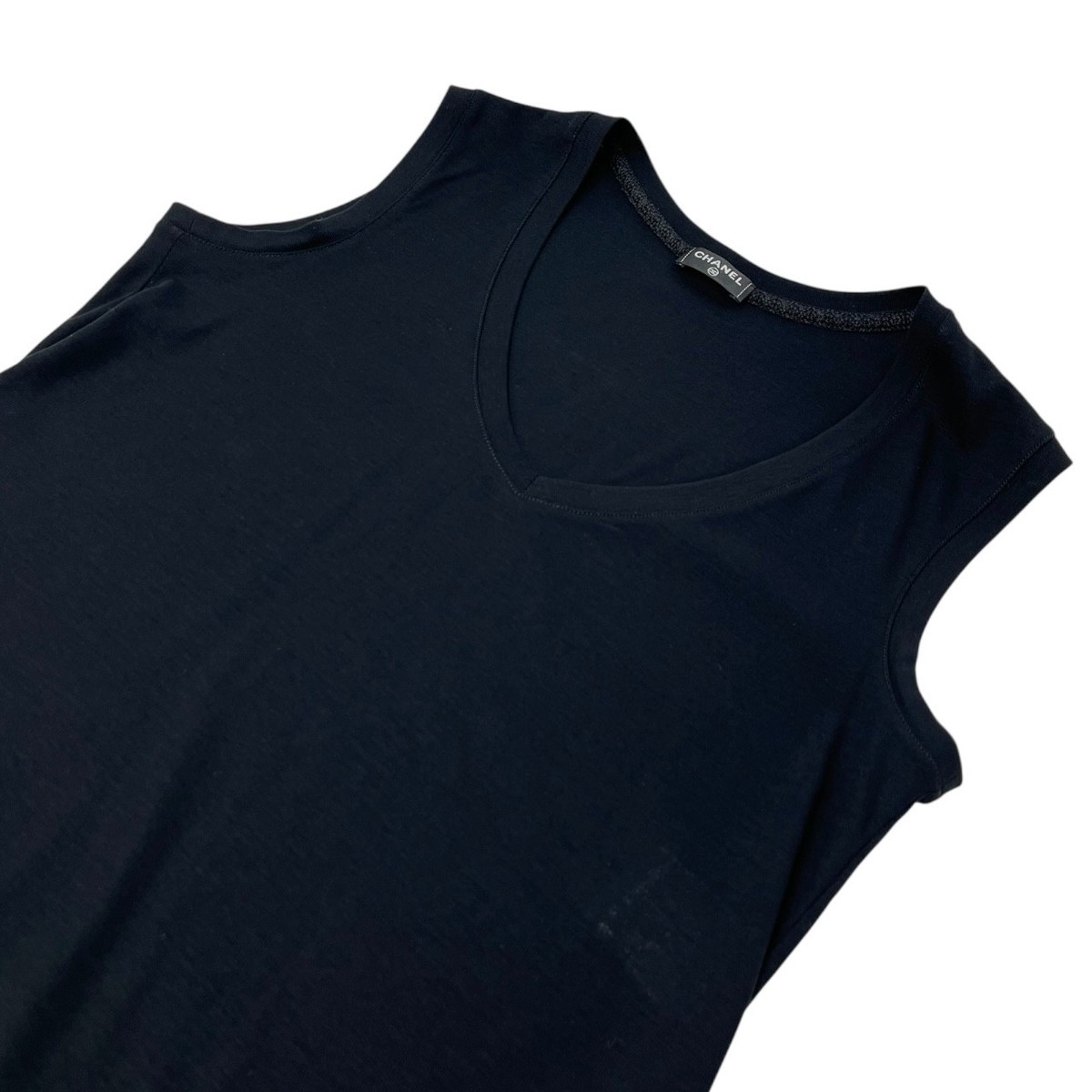 CHANEL Vintage Logo V-neck Tank Top Cotton Black Pullover