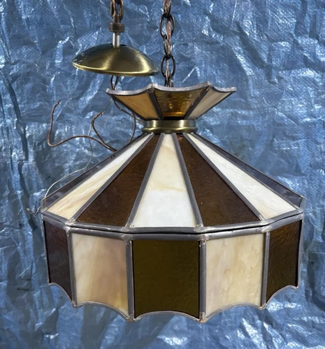 VTG Hanging Ceiling Light Stained Leaded Glass 16"Wide Amber White Tiffany Style