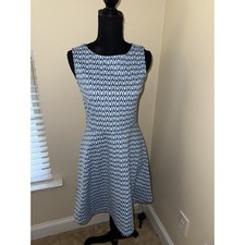 Talbots Womens Fit and Flare Dress Blue Geometric Sleeveless PS PETITE Stretch