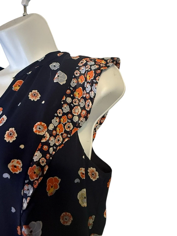 Maison Jules Navy Floral Sleeveless Dress Women’s Size 12 Ruffle Hem V-Neck - Image 4 of 4
