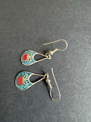 Vintage Mexico 925 Sterling Silver Crushed Turquoise Enamel Dangle Earrings - Picture 7 of 8