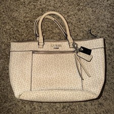 GUESS Beige Logo Print Tote Bag Zip Top Silver Hardware Double Handles Pockets