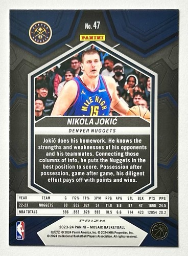 2023-24 Mosaic Nikola Jokic Silver Holo Prizm Refractor SP 47 Denver Nuggets NBA - Picture 8 of 12