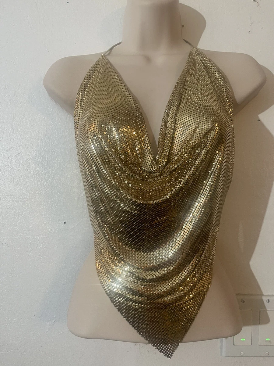 Whiting & Davis Metal Mesh Gold Halter Top 1970s Backless Open Back Pointed