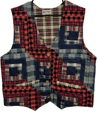 MAGIC GROUP Women Plaid Patch Patchwork Quilted Vintage Reversible Vest Jacket L