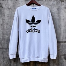 Adidas Vintage Trefoil Sweatshirt White Pullover Pockets Crew Neck Mens Sz large