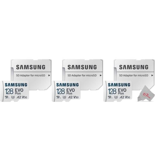 3x Samsung EVO Plus MicroSD 128GB, 130MBs Memory Card with Adapter - Picture 1 of 4