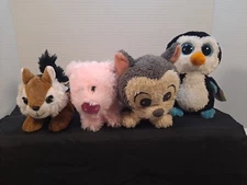Set Of 4 Small Plush Animals-Wolf,Pig,Cat, Penguin. Ty/Disney,Hug Fun, Unipak