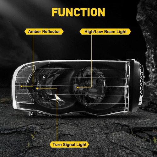 KAC Headlights Assembly for 2002-2005 Dodge Ram 1500 2500 3500 Black Housing - Imagen 4 de 12