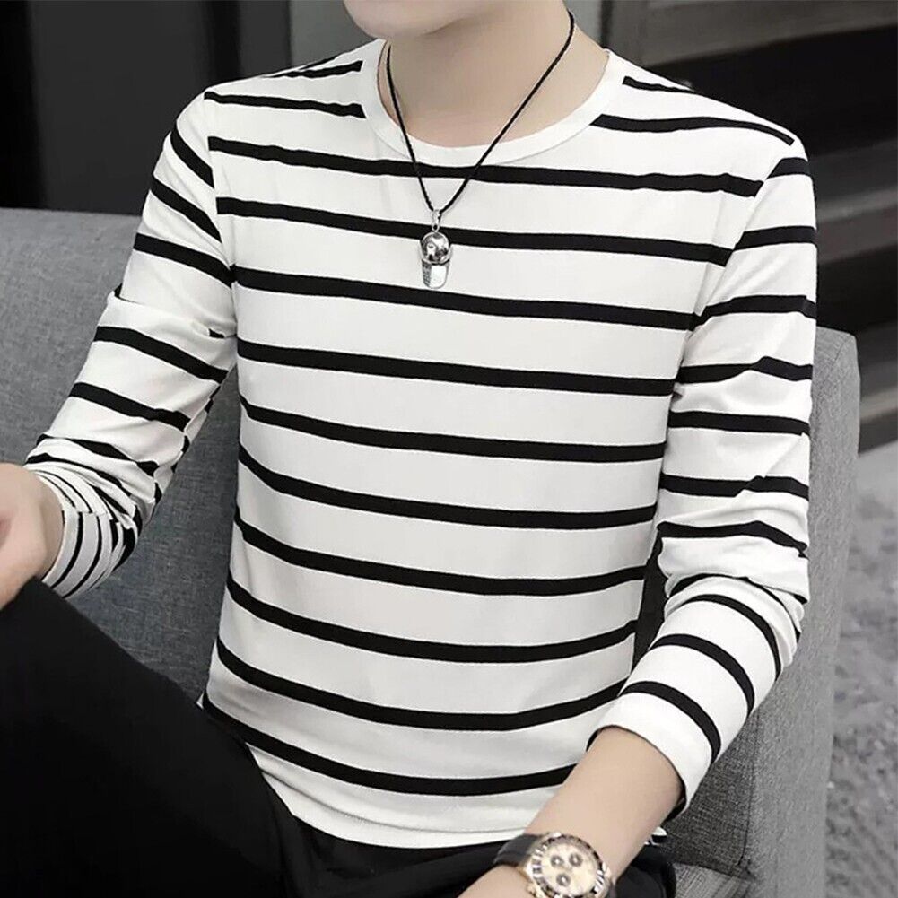 Casual Men's Striped Long Sleeve T Shirt Sports Crew Neck Blouse ...