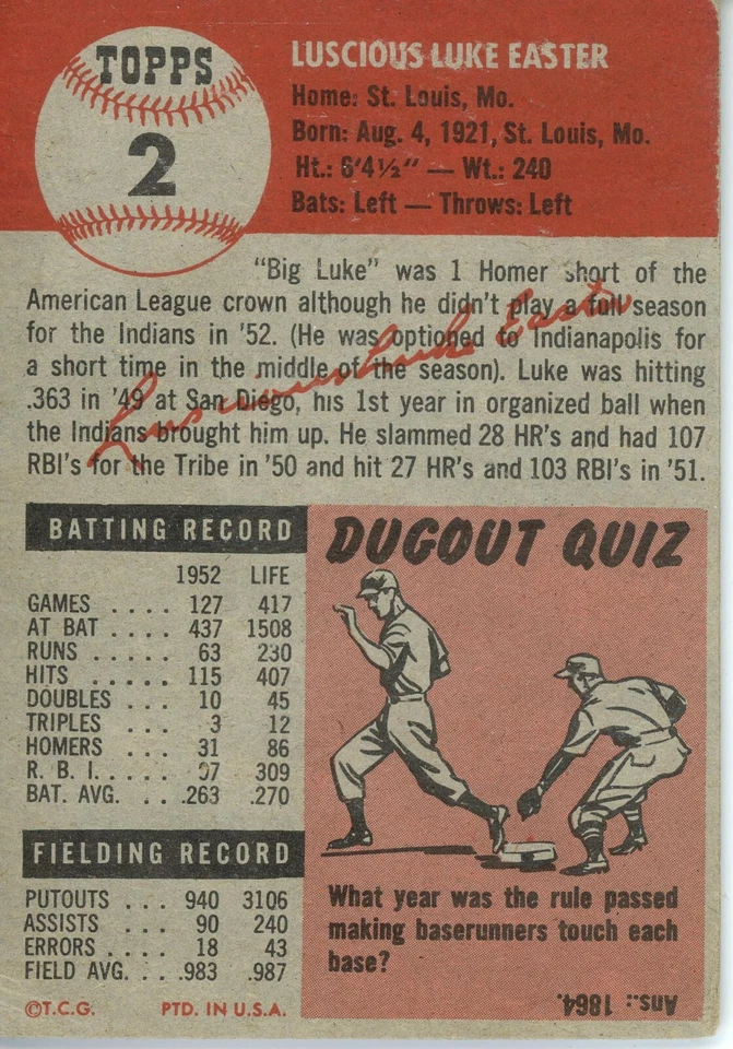 Topps Baseball 1953 - # 002 - Luke Easter - Indians - Very Good + 500208 - Image 2 of 2