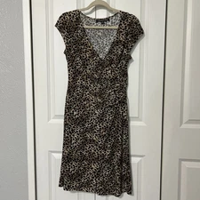 Jones Wear Dress Black & Brown Animal Print Knee Length w/ Ruching Size 10