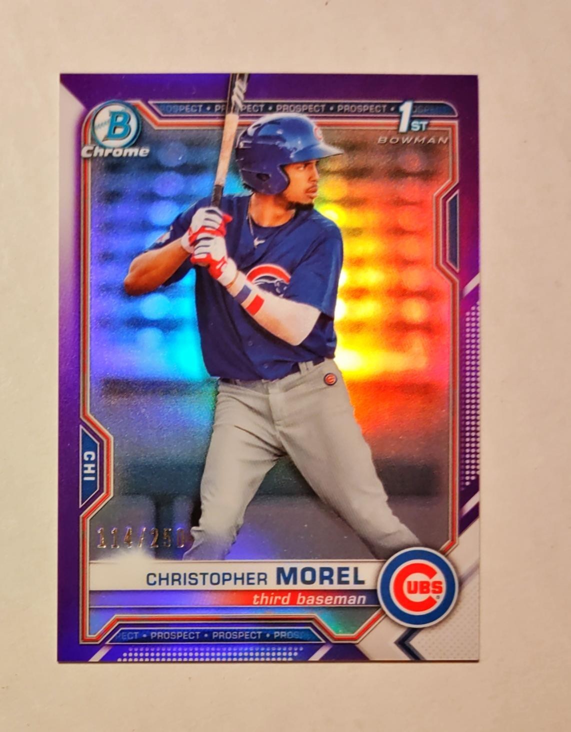 Christopher Morel 2021 1st Bowman Chrome PURPLE REFRACTOR 114/250 Cubs RC Raw T6
