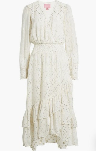 Lilly Pulitzer Cristiana Midi Dress Sz 14 Coconut Metallic Ivory Gold Tiered EUC - Picture 4 of 18