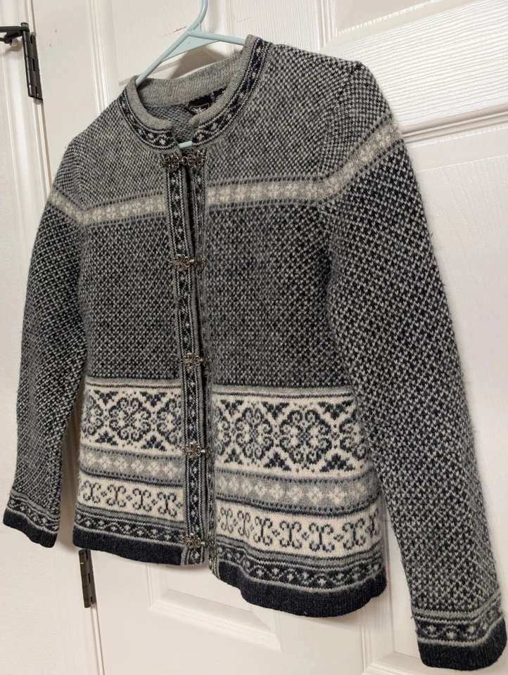 Cárdigan Skyr Nordic Fair Isle 100 % lana suéter estaño cierres con botones para mujer M Foto 2 de 4