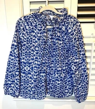 H&M Women Size L Muslin Cotton Blouse Blue White B Neck Tie EUC