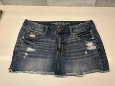Y2K American Eagle Short Mini Denim Jean Skirt Size 10 Distressed Cut Off Frayed