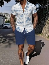 Men'S Plus Size Casual Shirt and Shorts Set with Tropical Palm Tree Print - Ligh