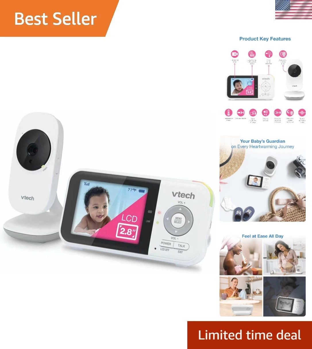 2.8” Portable Baby Monitor - Night Vision, 2-Way Talk & Soothing Lullabies