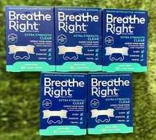 (5) Breathe Right Nasal 10 Strips*Extra Clear*(50) FOR SENSITIVE SKIN*EXP 06/29