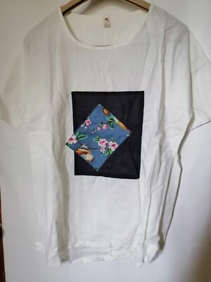 Vintage Women L Blouse Linen Short Sleeve Blue Floral Comfy New Old Stuff