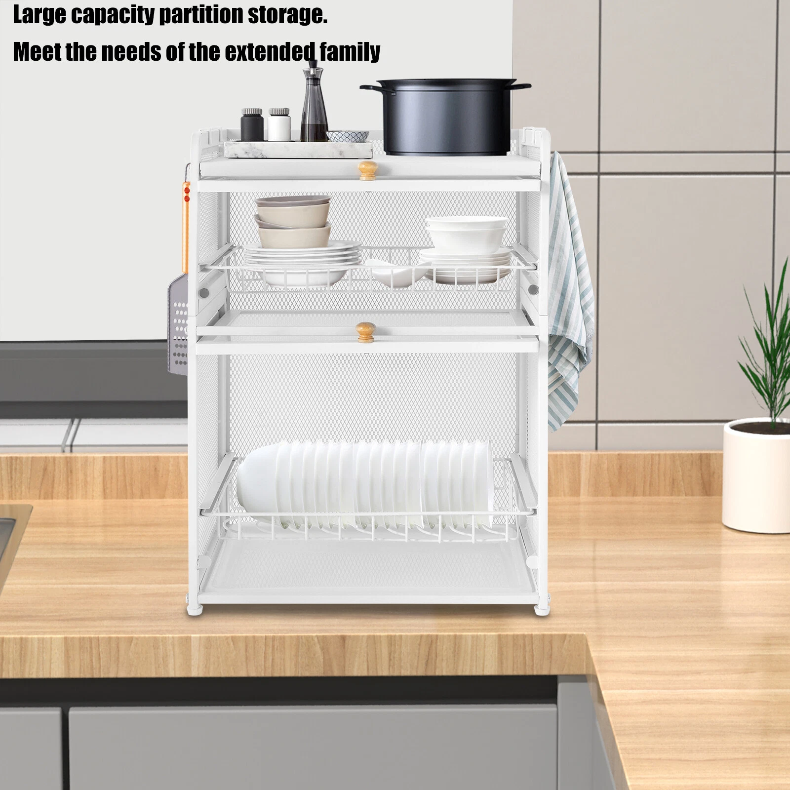 Kitchen Countertop Dish Storage Cabinet With Drawers 3-tier Dust-proof Dish Rack