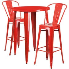30'' Round Red Metal Indoor-Outdoor Restaurant Bar Table Set w/2 Cafe Barstools