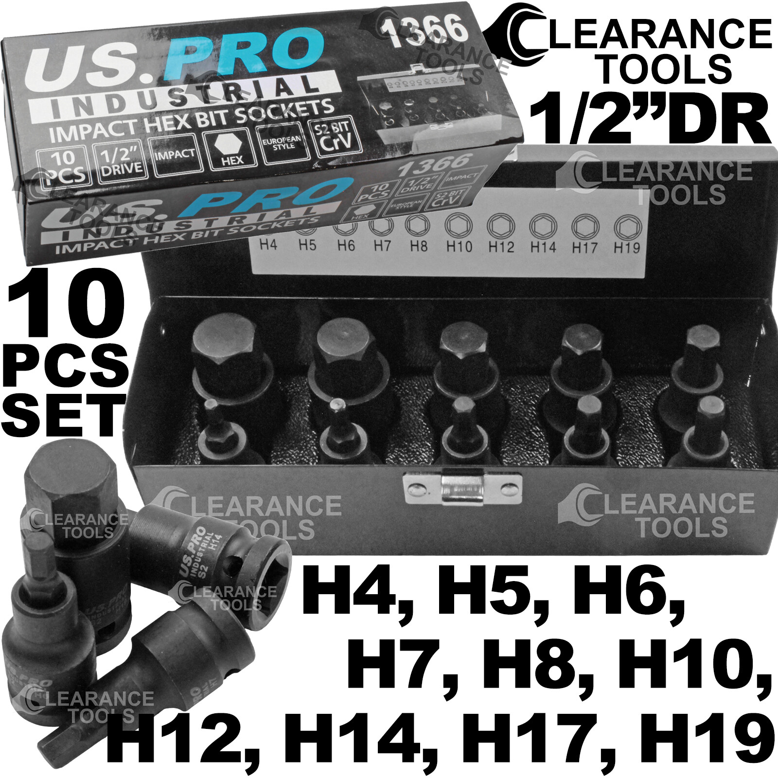 US PRO INDUSTRIAL Impact Hex Bit Socket Set 1/2"" Impact Allen Keys H4 - H19 1366