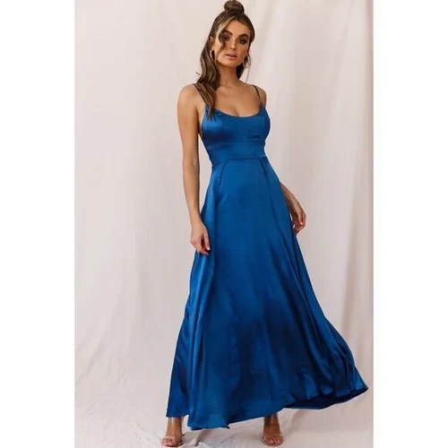 Angel Biba Joanne Empire Waist Blue Satin Spaghetti Strap Maxi Slip Dress XS NWT