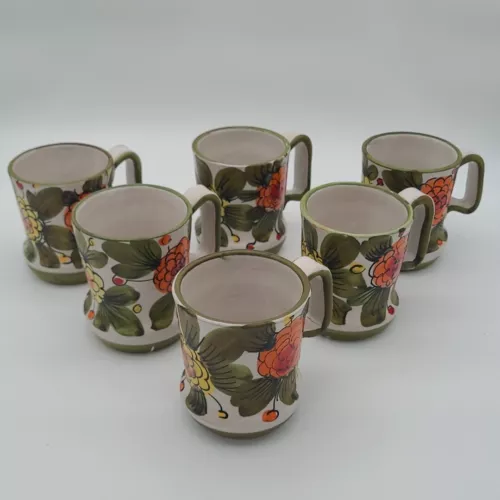 6x Holt Howard HH Italy Pottery Coffee Mug Bitossi Style 70s Green Floral Design