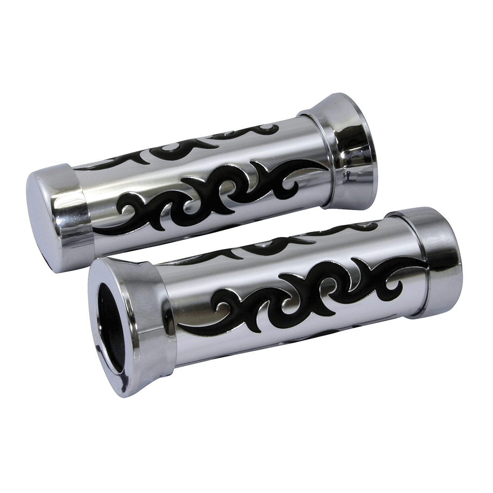 MOTORCYCLE HANDLEBAR GRIPS CHROME TRIBAL CUSHION 25mm LEFT 28mm RIGHT