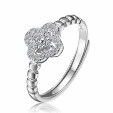 925 Sterling Silver Flower Ring Adjustable Open Band Zircon Promise Stackable