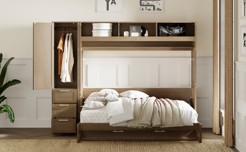Full Size Murphy Bed with Wardrobe Storage Drawers Open Shelves Antique Wood - Picture 10 of 24