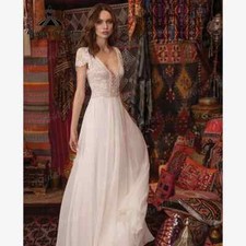 Sexy Lace Boho V Neck Backless Wedding Dress A Line with Cap Sleeves Bridal Gown