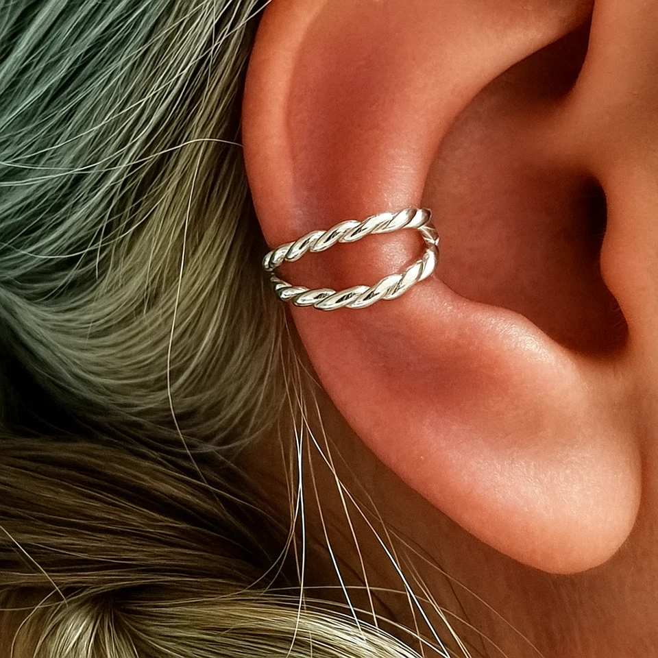 Bijoux en argent sterling 925 avec fil orbital hélice double torsion oreille ... - Photo 1/4