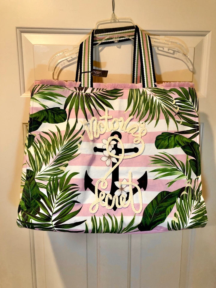 Bolsa tote Victoria’s Secret de lona listrada rosa grande Palm Beach nova com etiquetas