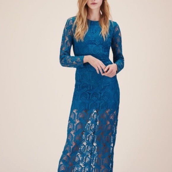 Maje Formal Rosane Guipure Maxi Lace and Crepe Dress Teal Sheer Size 1 Small Maje Formal Rosane Guipure Maxi Lace and Crepe Dress Teal Sheer Size 1 Small