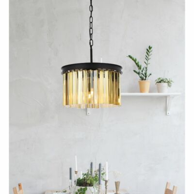 Chandelier Golden Teak Crystal Matte Black Ceiling Pendant 3 Light Fixture 16''