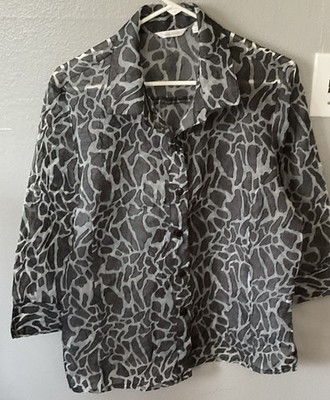 Aaron London Women s Button Up Black Blouse sheer Spots ￼Size  Pl