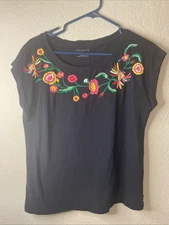 Talbots Ladies Medium Sleeveless Navy Floral Embroidered Preppy Cotton Top EUC