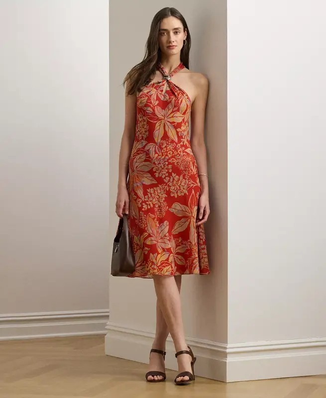 ralph lauren silk georgette dress Lauren Ralph Lauren Belted Georgette Dress Silk White Multi Size 18 R #200752334
