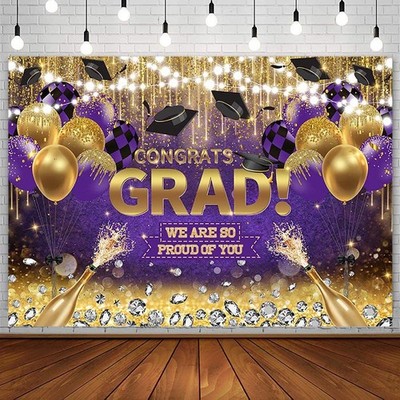7x5ft Congrats Grad Backdrop Purple Gold Glitter Diamond Graduation Photography 