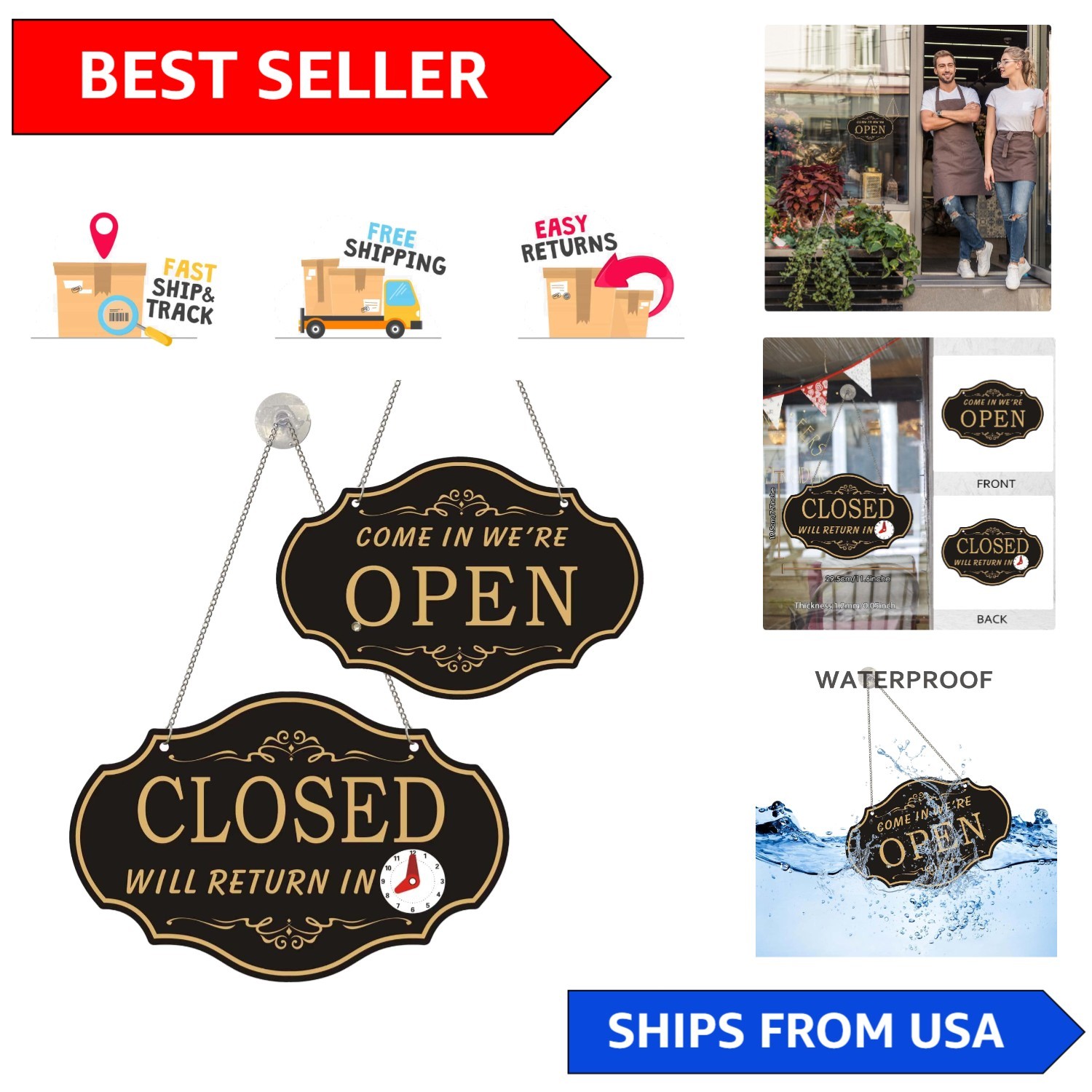 Stylish Gold Open Sign with Dual Sides and Personalizable Clock - 11.6" x 7.7"
