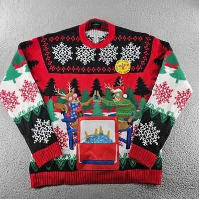 Blizzard Bay Ugly Christams Sweater Mens Large Red Reindeer Drink Pouch Pocket