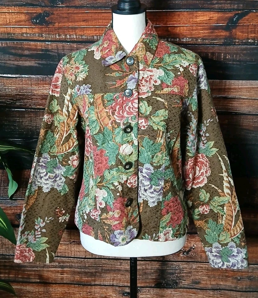 Jaqueta Coldwater Creek Vintage M Boho Marrom Floral Tapeçaria Botão Forrado Frontal - Imagem 3 de 4