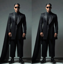 Black Men Suit With Cape Peak Lapel Fashion Streetshot Wedding Groom Prom Tuxedo